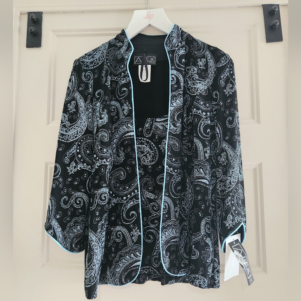 Alex Evenings 2 Piece Glitter Paisley Tank Jacket Set Black Blue Womens S New - Picture 5 of 12